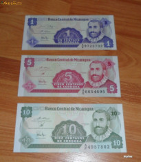 Lot 3 bancnote Nicaragua 1 centavo , 5 si 10 centavos UNC necirculate foto