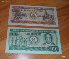 Lot 2 bancnote Mozambic 50 si 100 meticais UNC necirculate foto