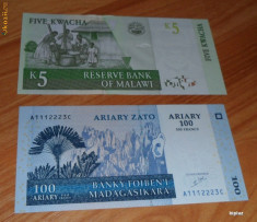 Lot 2 bancnote Malawi 5 kwacha si Madagascar 100 ariary UNC necirculate foto