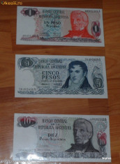 Lot 3 bancnote Argentina 1 peso , 5 si 10 pesos - UNC necirculate foto