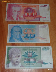 Lot 3 bancnote Iugoslavia 1000 dinari , 5000 si 50000 dinari RAR foto