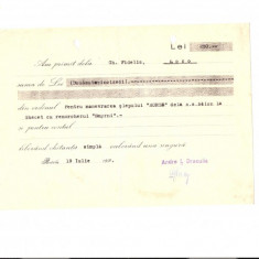 228 Document vechi -1937, Chitanta- Andre I.Draculis, pentru G.Fidelis(greci)manevra Slep,,Horia", cu remorcher ,,Smyrni",la Ghecet
