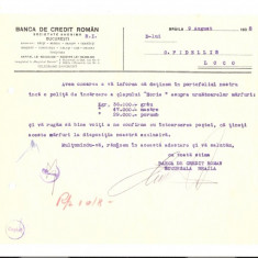 230 Document vechi -1938,Banca de Credit Roman, Sucursala Braila, catre G.Fidellis(grec?)Braila -grau, mazare, porumb,Slep ,,Horia"-hartie filigran