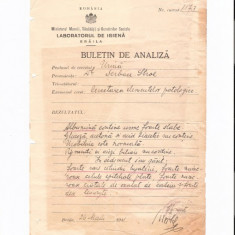 255 Document vechi -1941 -Buletin de Analiza(medicala-urina),a lui Serban Stroe,Braila- Laboratorul de Igiena