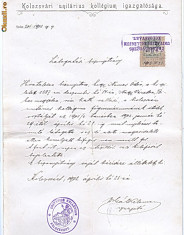 Certificat scolar limba maghiara 1902,UNITARIUS KOLLEGIUM KOLOZSVAR-COLEGIUL UNITARIAN CLUJ,cu stampila colegiului,fiscalizat foto