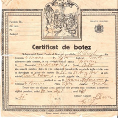 278 Document vechi-14sept1940 - Certificat de botez -pruncul Favian -Biserica Sf.Gheorghe, din comuna Mihai Bravu, plasa Viziru, judetul Braila