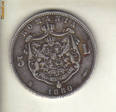 bnk mnd romania 5 lei 1880 argint , kulrich sub gat foto