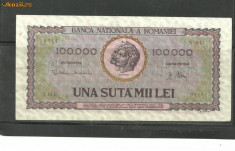 BANCNOTA 100.000 LEI - 25 ianuarie 1947 aUNC ( serie 0314) foto