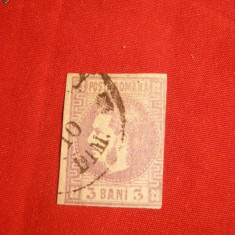 Timbru 3 Bani Violet 1870 ,Carol I cu favoriti , stampilat