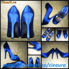 PANTOFI DAMA FASHION DECUPATI SATEN ALBASTRU PLATFORMA ASCUNSA TOC CUI 11 cm OCAZIE BANCHET COCKTAIL INCALTAMINTE FEMEI foto