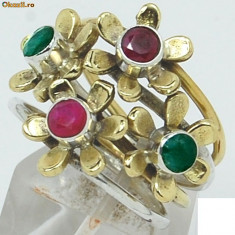 _ 925 Argint Marcat, Two Tone Natural Indian Ruby; Emerald _ INEL - Marimea 8,75 (diametru 18,78 mm) Rubin si Smarald foto