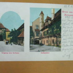 Carte Postala Sibiu Cromotipie Gruss aus Hermannstadt Rathaus