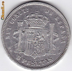 Spania 5 PESETAS 1877 argint 25 grame,puritate 0.900 foto