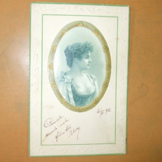 Carte postala femeie medalion portret rochie epoca 1902