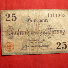 Bancnota Locala -notgeld 25 Pf Osnabruck 1917 ,cal.mediocra