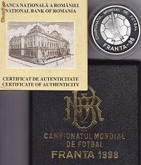 BNR 100 Lei 1998 argint 27 grame,925/1000,cu certificat,Campionatul Mondial de Fotbal Franta,Turnul Eiffel foto