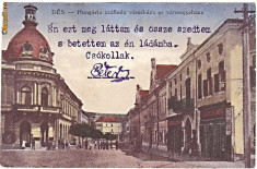 Carte postala animata, Dej-Des,Hotel Hungaria,Primaria,Prefectura, aprox 1915,circulata cu timbre romanesti 1923 foto