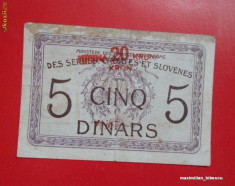 5 dinari 1919 Yugoslavia supratipar 20 coroane Regatul Sarbo-Croato-Sloven foto