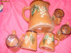 CANA VIN cu CARAFE VIN ,lut ars si lacuit ,SET VECHI,SUPERB,traditionale FRANTUZESTI,VINTAGE foto