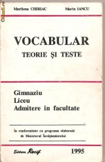 (C1218) VOCABULAR, TEORIE SI TESTE, EDITURA RECIF, BUCURESTI, 1995, GIMNAZIU, LICEU, ADMITERE IN FACULTATE