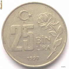 TURCIA 25000 LIRA LIRE (25 Bin Lira) 1997 CU MUCHIA DUBLATA **