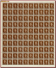 Romania 1940 - Ajutorul Legionar, C.Z. Codreanu, coala 100 timbre x 5 Lei brun foto