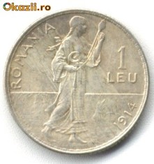 ROMANIA 1 LEU 1914 CAROL I ARGINT CU MUCHIE ROTUNJITA STARE EXCELENTA foto