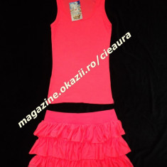 SET 2in1 MAIOU FUSTA MINI ROZ FOSFORESCENT NEON 3 VOLANE 100% BUMBAC VARA PLAJA