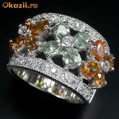 _ 925 Argint Marcat, REAL TOP GREEN-ORANGE SAPPHIRE si AAA WHITE CZ _ INEL - Marimea 7,25 (diametru 17, 51mm) Safir, Safire foto