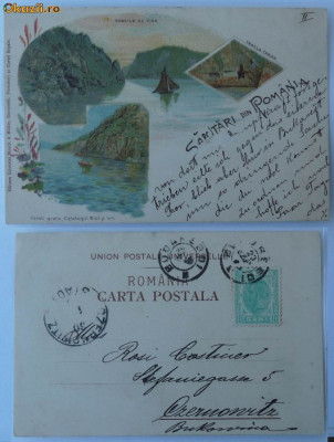 Litografie , Portile de Fier , circulata in1908 la Cernauti , stare excelenta foto