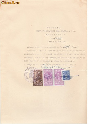 19 Document vechi fiscalizat -1937 -Braila- Certificat -filigran foto