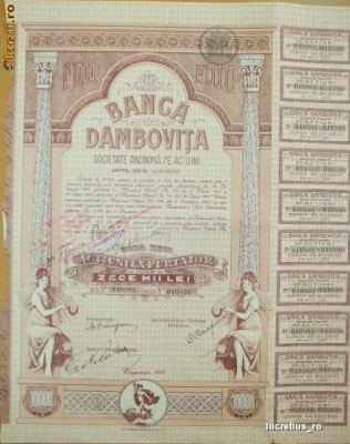 Actiune &amp;amp;quot; BANCA DAMBOVITEI&amp;amp;quot; 10.000 LEI -An-1928 foto