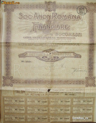 Actiune &amp;amp;quot; SOC.ANON.ROMANA DE FINANCIARE&amp;amp;quot; -500 LEI. foto