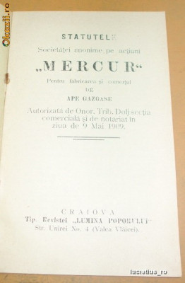 Statut-Soc. MERCUR-Ape gazoase-Craiova-1909 foto