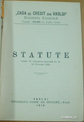 Statut-Casa de Credit- VASLUI-1910 foto
