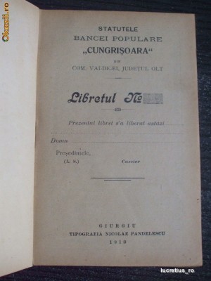 Statut-Banca Populara Com. Vai-De-ei, OLT-1910 foto