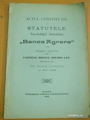 Statut-Banca Agrara-oras-Slatina-1905 foto
