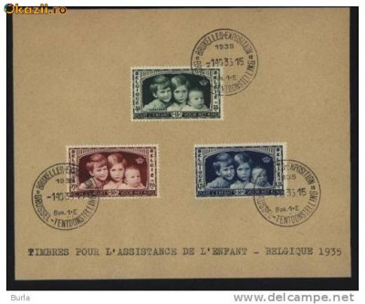 Belgia , 1935 , Asistenta copiilor , suvenir postal , stampila expozitie foto