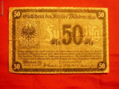 Bancnota -Notgeld 50 Pf oras Minden 1917 Germania foto