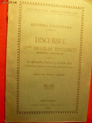 N TITULESCU - Discurs asupra Reformei Financiare - 1921 foto