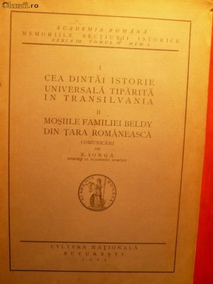 N. IORGA -Cea Dintai Istorie Universala Tip. in Transilv ..1925 foto