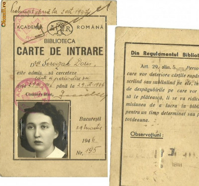 CARTE DE INTRARE-ACADEMIA ROMANA.-1947. foto