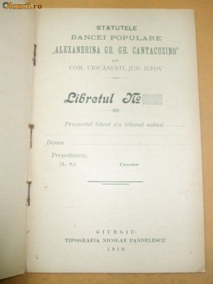 Statutele-Bancei Populare ,,A. Cantacuzino&amp;amp;quot; -Giurgiu-1910 foto