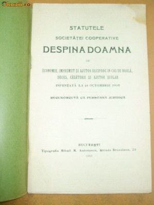Statut Soc. Cooperativa ,,DESPINA DOAMNA&amp;amp;quot; Buc. 1912 foto