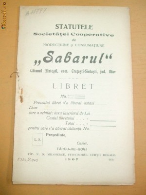 Statut Soc. ,,SABARUL&amp;amp;quot; Tg Jiu 1907 foto