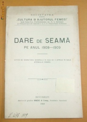 Dare de seama ,,CULTURA SI AJUTORUL FEMEII&amp;amp;quot; 1909 foto