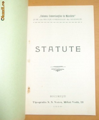 Statut Uniunea com. de macelarie Buc. 1908 foto
