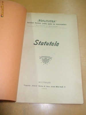 Statut Soc.ajutor inmormantare,,EGALITATEA&amp;amp;quot; Buc. 1902 foto