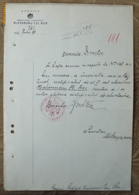 Gimnaziul Alexandru cel Bun , Iasi , adresa semnata de director , 1922 foto