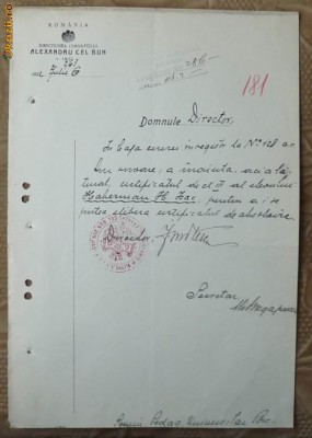 Document cu antet; Gimnaziul Alexandru cel Bun, Iasi, adresa semnata de director, 1922 foto